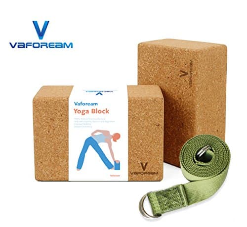 Cork Yoga Blocks 2 pack Plus 1 Yoga Strap ( Sturdy Natural No Smell Wood Yoga Blocks 9"x 6"x 4" 100% Made from Oak Cork and 8' Length Yoga Strap For Any Yoga or Fitness Routine by Vafoream)