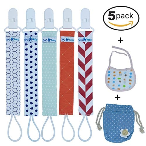 GAD Baby Pacifier Clips Set: 5-Pack Pacifier Holders + Baby Bib+ Cute Fabric Bag/Multicolored Durable Infant Soother Holders for Boys &amp; Girls/Easy To Clean w/ Safe Plastic Clips/ Great Shower Gift