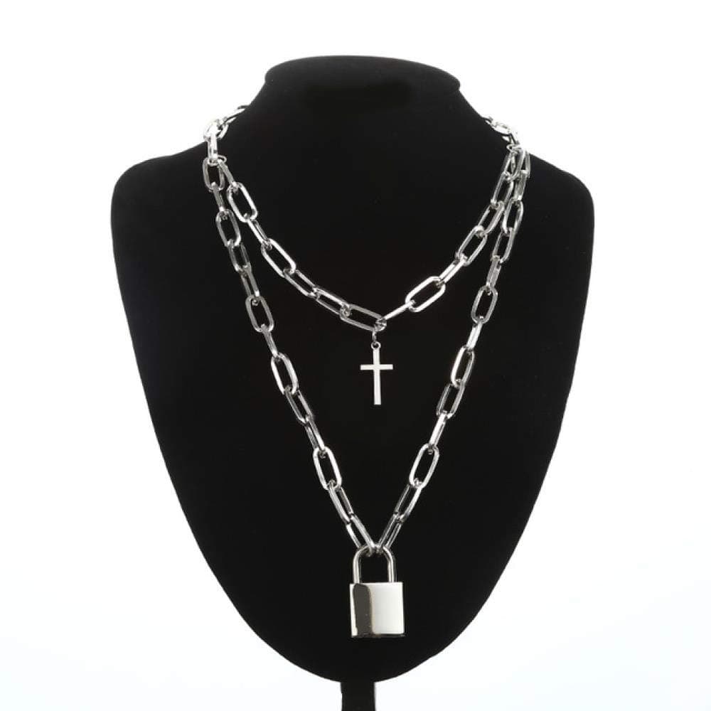 Multi-Layer Punk Cross Chain Necklace Square Lock Necklace Female Men Metal Padlock Chain Hip Hop Cool Jewelry Gift, Silver