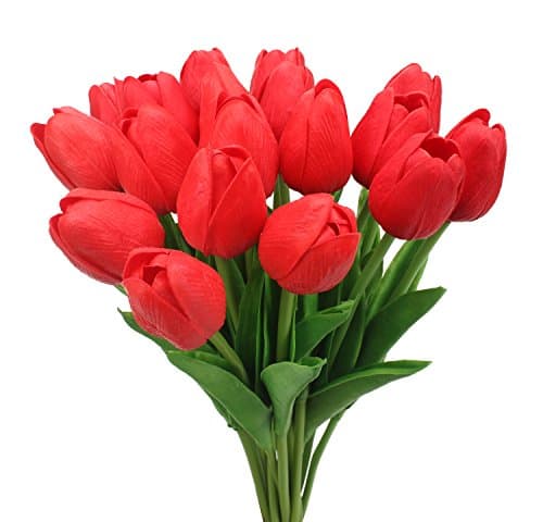 Duovlo 18 heads Artificial Mini Tulips Real Touch Wedding Flowers Arrangement Bouquet Home Room Centerpiece Decor (Red)