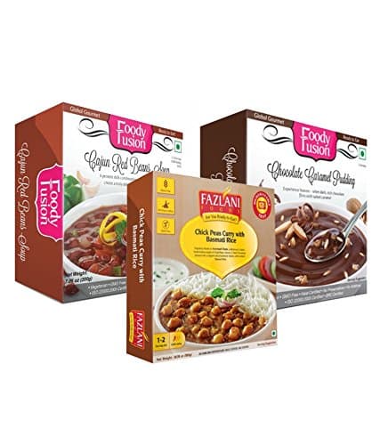 Ready to Eat Cajun Red Beans Soup + Chick Peas Curry with Basmati Rice + Chocolate Caramel Pudding - Complete Meal Combo by Fazlani Food