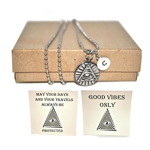 Stainless Steel all seeing eye charm initial ball necklace and initial charm with good vibes or protection note card