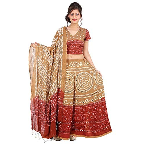 2dots Womens Multicolor Cotton Handmade Bhandej & Sequin Work Lehenga Choli Duptta Set for Dandiya & Garba