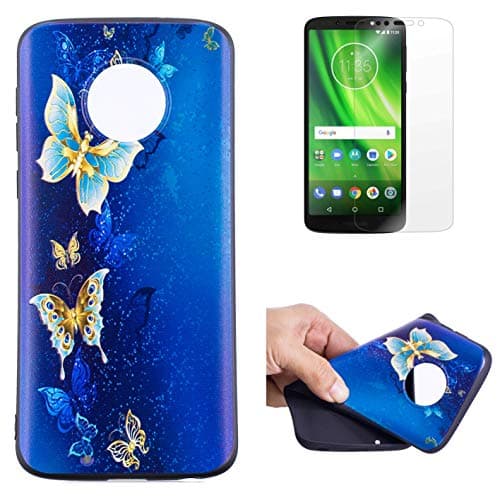 OYIME for Moto G6 Case and Screen Protector, Luxury [Gold and Blue Butterfly] Relief Pattern Design Black Silicone Rubber Ultra Thin Slim Fit Bumper Drop Protection Anti-Scratch Protective Back Cover