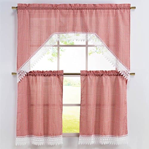 Fancy 3 Piece Embroidered Check Gingham Kitchen Curtain Set Swag Valance &amp; Tiers