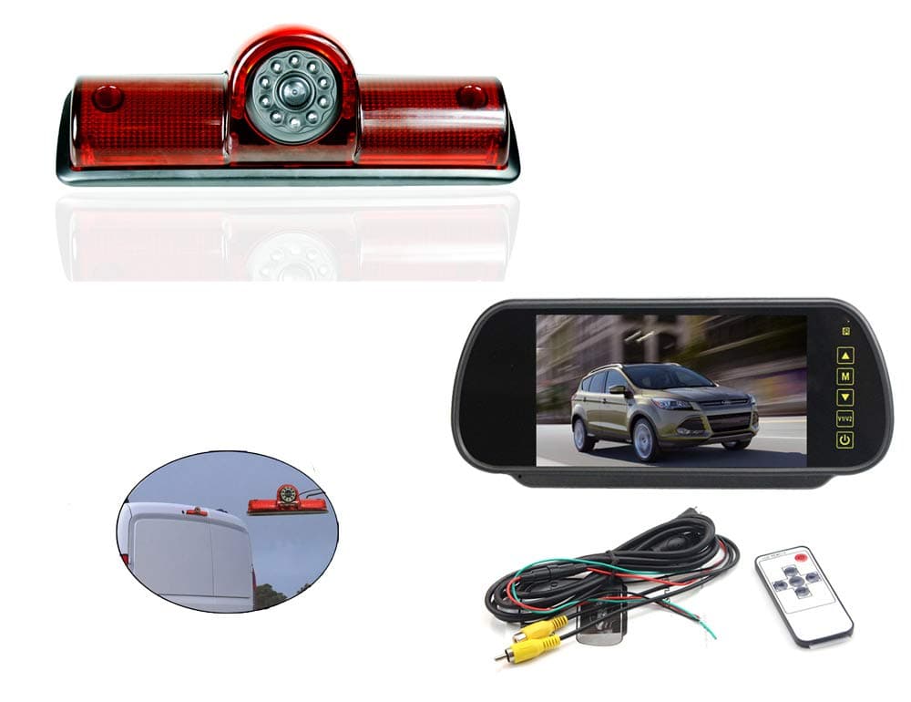 HD Waterproof IR Night Vision Rear View Backup Third Brake Light Camera for Dodge RAM PROMASTER Cargos Van + 7 inch HD Reverse Rear View Mirror Monitor