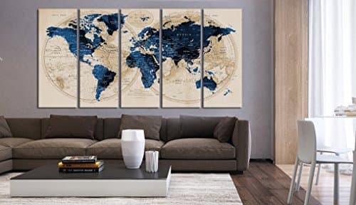 Navy Blue Push Pin Globe World Map With Details Art Canvas Print Set Multi Panels, Old World Map Print Wall Decal, Framed, Abstract Watercolor Wall Art Print Hr33