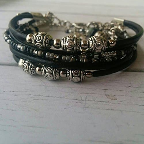Women's Black, Silver and Gray Leather Stacking Bracelet