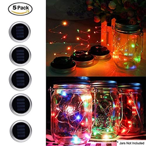 5 Pack Solar Mason Jar Lights, 10 LED String Fairy Lights Decor Lid Insert Garden Decor Outdoor Hanging Lantern Lights for Holiday/Patio/Party/Wedding/Christmas Decorative(Jars Not Included)