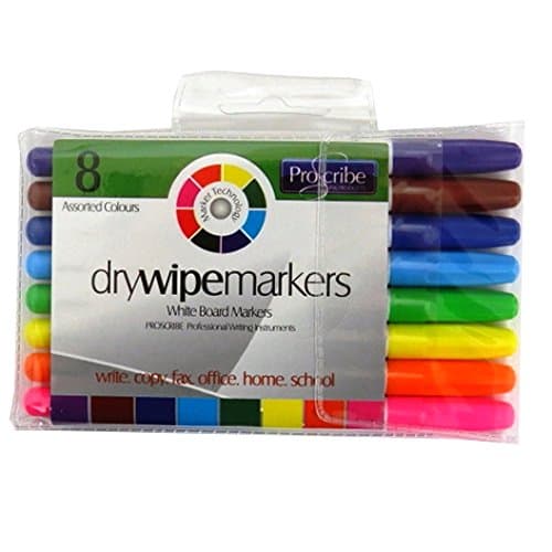 Proscribe 8 Assorted Colour Drywipe/White Board Marker Pens Fine Nib