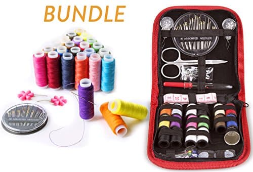 SEWING KIT and Sewing Set with 24-color Threads BUNDLE- for All-Purpose Sewing Repairs at Home &amp; in the Office. Complete Sew Kit with Mixed Color Threads for Sewing Machine. Red &amp; Multicolored