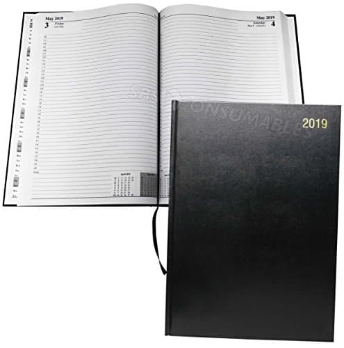2019 1 Page per Day Appointment Diary. A4 Black Yearly Case Bound Planner. Free SBS Consumables Pen. 15 Minute Appointments. A41A
