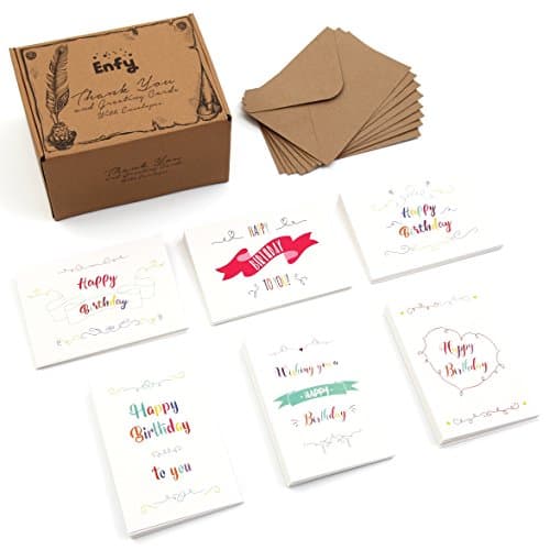Happy Birthday Greeting Cards Bulk Box Set - 60 Pack - Modern Handwritten Style Colorful Designs - Folded Birthday Gift Blank Note Cards - Includes 62 Brown Kraft Paper Envelopes - 4 x 6 Inches