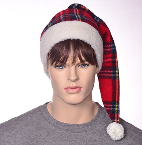 Plaid Elf Hat Sherpa Headband Stocking Cap Pompom