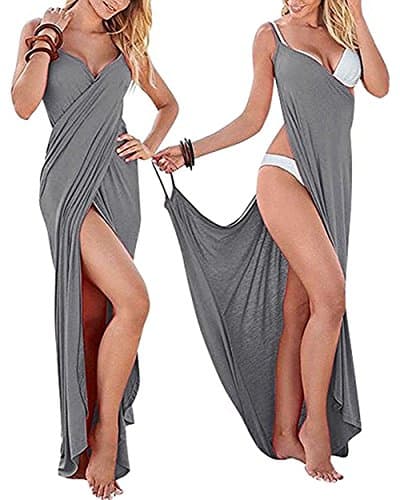 shushuKISS Women's Spaghetti Strap Backless Bikini Long Wrap Cover Up Beach Dress Gray Large