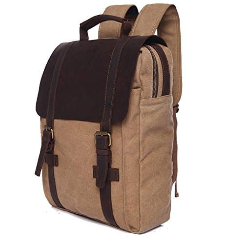 Vintage Leather Canvas Backpack 15.6inch Laptop backpack Kaki Student Backpack School Rucksack Bookbag Women Men Travel Bag For Work, Business,College(Kaki)