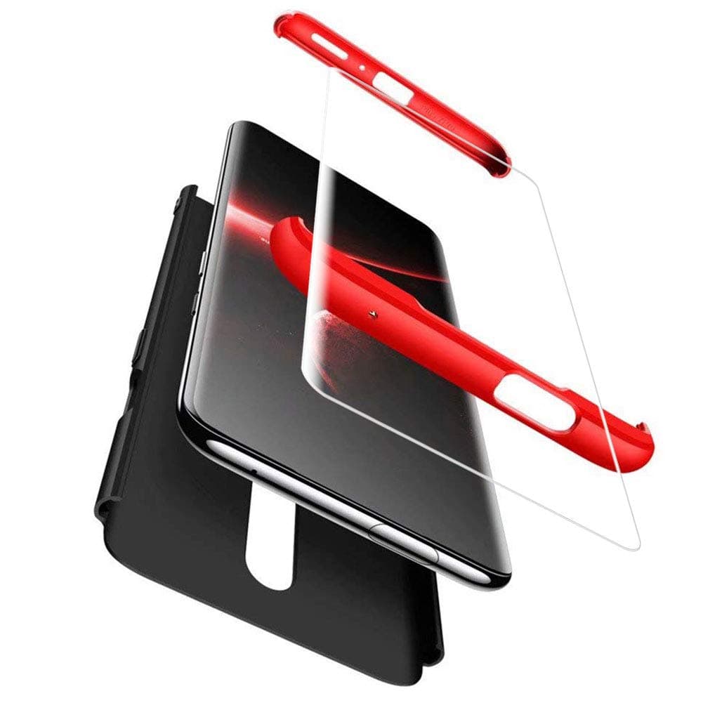Mkej Compatible with Oneplus 7 Pro Case, 360° Full Body Bumper, [Ultra-Thin][Anti-Slip] 3 in 1 Hard PC Plastic Slim Cover + Tempered Glass Screen Protector for Oneplus 7 Pro - Black red