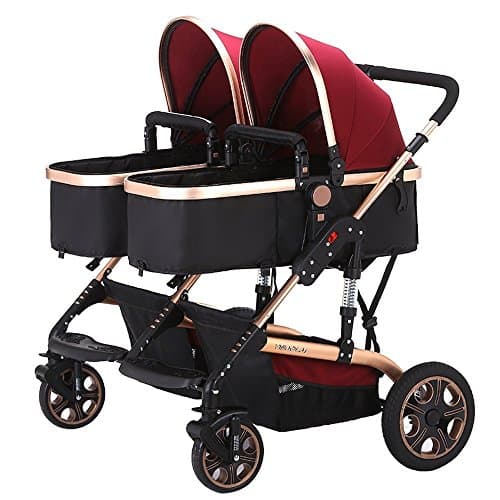 Double Stroller Newborn Infant Side by Side Twin Stroller Anti-shock Pram Pushchair-Red