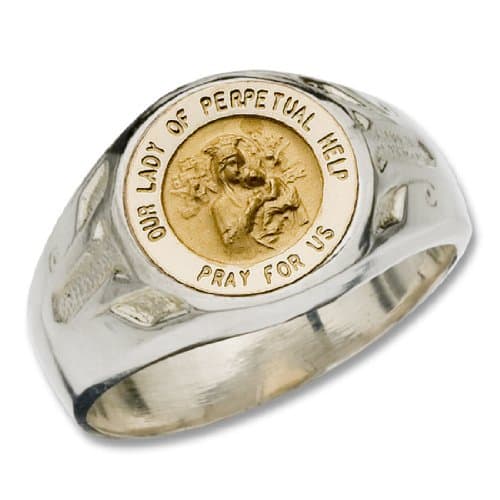 Sr450tt-ph Two Toned Ring Sterling Silver with 14 Kt Gold Insert" Our Lady of Perperpual Help Pray for Us" (Sizes 6 to 13)