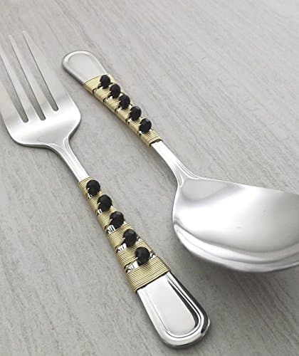 Black Beaded Gold Wire Wrapped 9 inch Serving Spoon Fork Set, Special Occasion Entertaining Formal Party Housewarming Gift