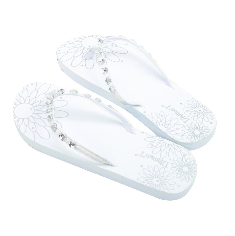 Diamon't Just Married Diamante Flower Pattern Womens Flip Flops Medium 5-6 - White