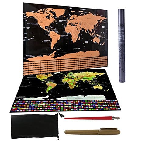PREMIUM Scratch off Travel World Map & accessories. Large (32”X24”) Copper Foil Paper (250 G).Classy gift tube packaging +gold marker+ precision scratch pen +pouch. Frame ,Gift, Enjoy !