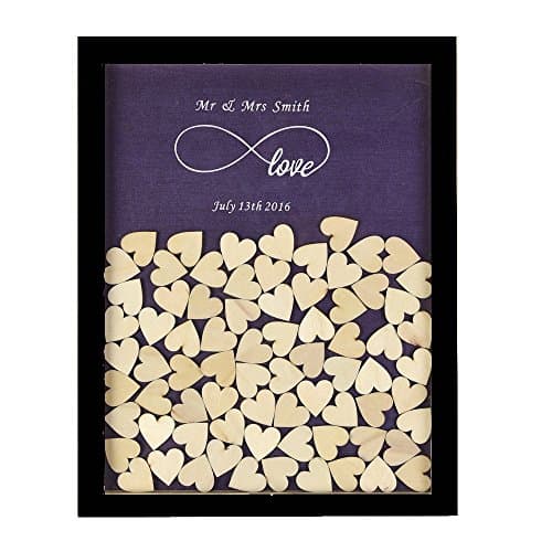 Personalized Alternative Book Engraved Infinity Love Rustic Drop Top Wooden Frame Wedding Guest Book With 120 Small Wood Hearts (Black &amp; Pearl Purple).