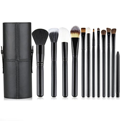 12pcs Professional Makeup Brushes Make Up Brush Set & Leather Brush Holder Pot(Black)