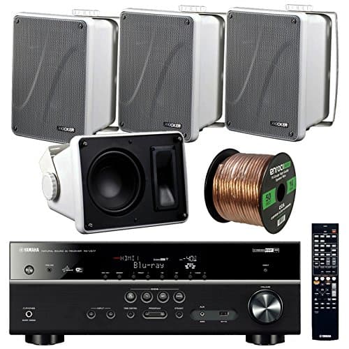 Yamaha RX-V577 - 7.2-Channel Home Theater Bluetooth USB Receiver -Wifi &amp; Apple AirPlay Bundle Combo With 4x Kicker KB6000W 6.5" 150W White Bookshelf Waterproof Speaker + Enrock 50 Feet 16-Gauge Wire
