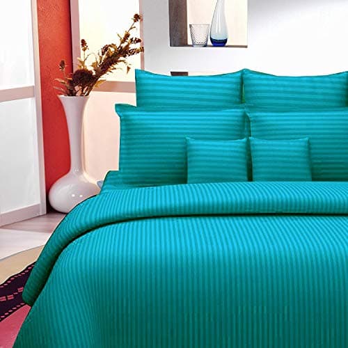 Sheets and Covers Plain Striped Design 275 X 275 cm 185 Thread Count Cotton Bedsheet with 2 Pillow Cover-King, Ocean Blue