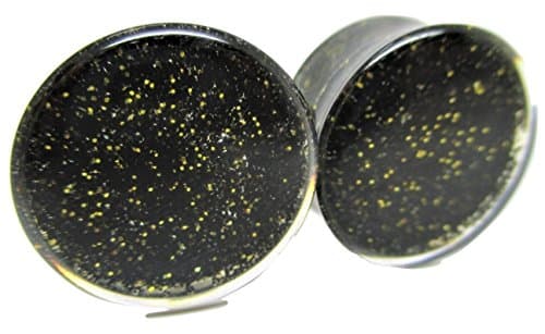 Black &amp; Gold Glitter Infused Ear Plugs - Double Flared - 6 Sizes - Pair (5/8" (16mm))
