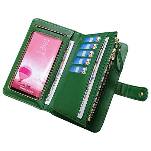 Leather Wallets for Women Aeeque Women's Wallet Purse Touch Screen Phone Bag Large Capacity Zipper Wallet Green Wrist Strap Ladies Clutch Handbag for iPhone Xs Xr 8 7 6s Samsung Galaxy Huawei LG