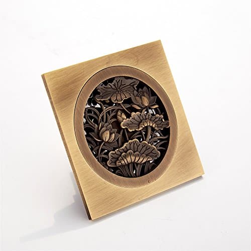 AUSWIND Antique Brushed Nickel Solid Brass Floor Drain Carved Square 4-Inch Black Or Bronze Color Bathroom Lavatory (Lotus(Bronze))