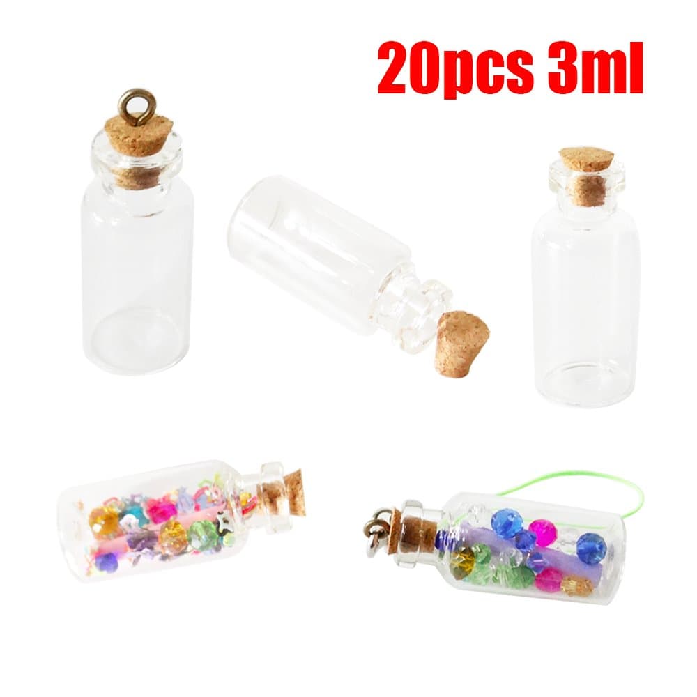 GreatforU 20pcs 3ml Extra Mini Glass Jars Tiny Bottles With Cork Stopper, Free 40x Colorful Artificial Beads, 20x 10mm Eye Screws + Lobster Clasp, For DIY, Art & Crafts, Decoration, Party Favors