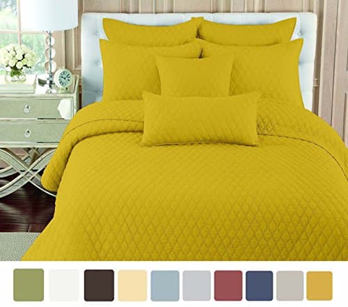 NC Home Fashions Double Ogee embroidered pattern solid color quilt set, Full/Queen, Spicy Mustard