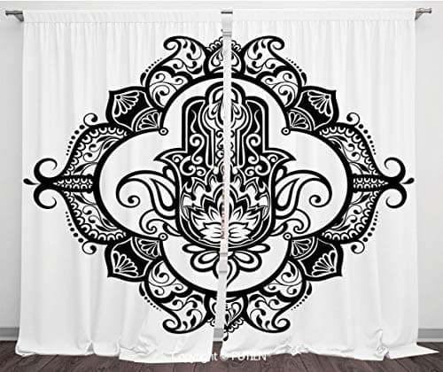 Satin Window Drapes Curtains [ Hamsa,Curvy Ornate Frame with Antique Religious Motif Floral Ethnic Tattoo Hand of Fatima Decorative,Black White ] Window Curtain Window Drapes for Living Room Bedroom D