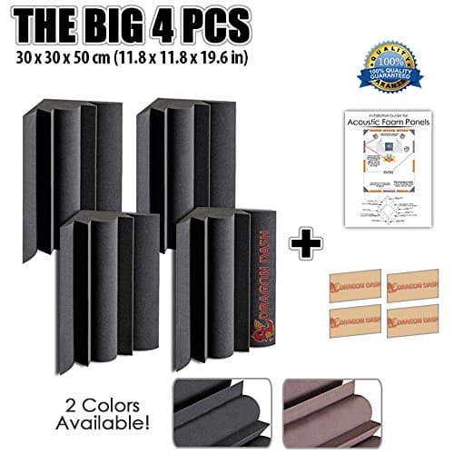 Dragon Dash (4 Pack) of 11.8" X 11.8" X 19.6" Inches Black Acoustic Soundproofing Bass Trap Foam Studio Treatment Wall Panel Tiles (BLACK)