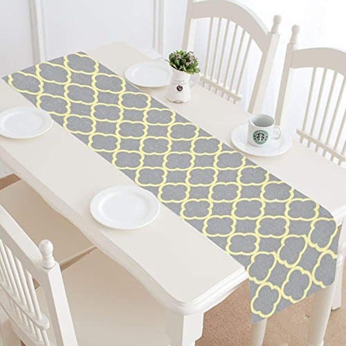 Cotton Linen Burlap Table Runner 16 x 72 Inch Abstract Gray Yellow Quatrefoil Moroccan Tile, for Wedding Party Holiday Dinner Home Decor
