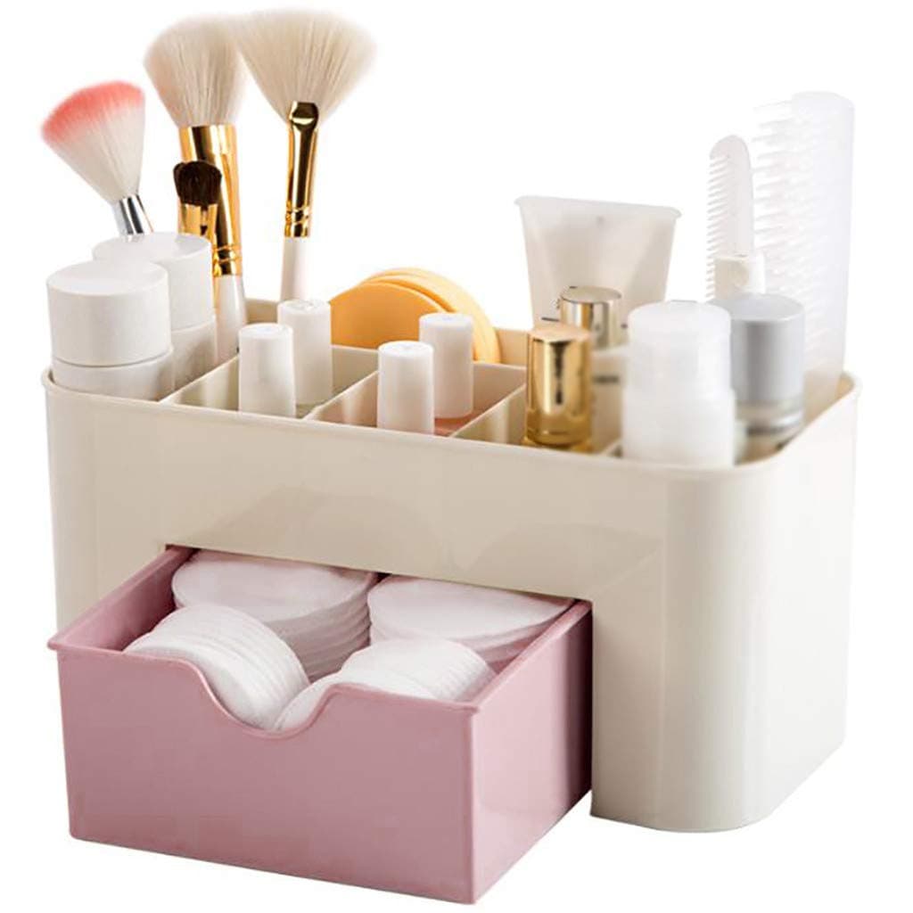2020 Plastic Cosmetic Organizer, Makeup Countertop Display Case Desktop Box with Small Drawer Multifunctional Desk Make up Tray for Vanity Counter Nightstand Brushes, Lipsticks, Palettes (Pink)