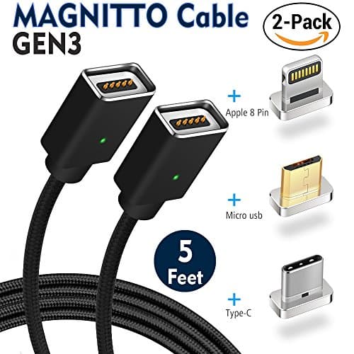 MAGNITTO Reversible Magnetic 3 in 1 USB C+Micro+Lightning Fast Charging Cable Data Sync for Android &amp; Apple devices (Samsung Galaxy S8 S9+,Google Pixel 2,HTC U11,LG V30 G6 G5 V20,Moto Z Z2) 5ft 2-Pack