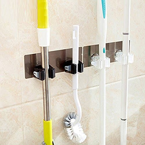 Flytaker Bathroom Mop Broom Holder Organizer Wall Mounted Strong Magic Sticky Hanger with 2 Position Pack of 2 (White & Black)