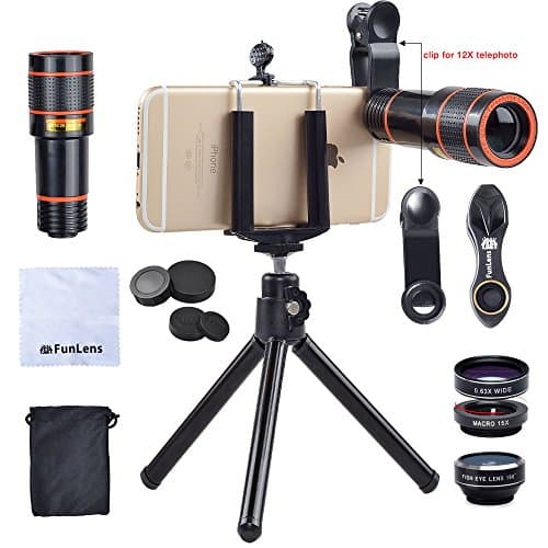 Cell Phone Camera Lens Kit | 4 in 1 Universal Clip 12x Zoom Telephoto Lens Tripod for iPhone 7/7 Plus /6s/6s Plus/6/5, Samsung S7/S7 Edge &amp; Most Smartphones