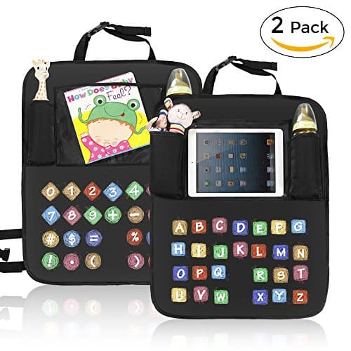VICIVIYA Kick Mats(2 Pack) Car Seat Back Protector with 6 Storage Organizer Pockets for iPad Tablets Bottles Kids Play Toys, Unique ABC&amp;123 Design for Kids Early Education, Waterproof and Washable
