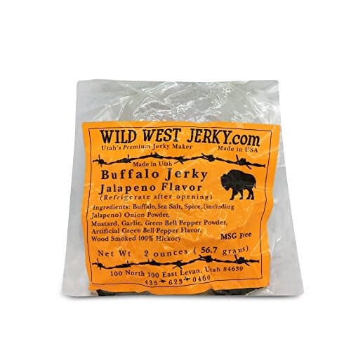 #1 BEST 100% Natural Grass Fed Hand Stripped 2 OZ. Thick Cut Delicious Bold Flavor Buffalo Jerky from Utah USA – Wood smoked With Hickory Wood by Wild West Jerky (Jalapeño, Jalapeño 5 Pack)