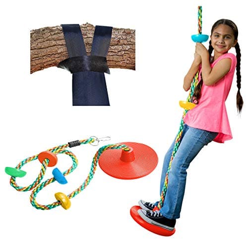 Jungle Gym Kingdom Tree Swing Adjustable Multicolor Climbing Rope with Platforms and Disc Swings Seat - Playground Swing Set Accessories - Includes 4 Feet Strap and Locking Snap Hook