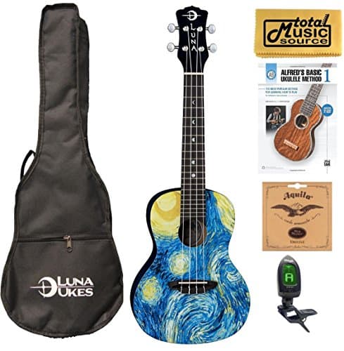 Luna UKE STR C Uke Starry Night Ukulele, Concert with Gig Bag Book Bundle