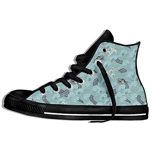 Mkajkkok Asian Style Pattern With Dragon Figures And Sea Waves Mythology Monster Decorative Ladies Men's Fashionable High-heeled Lace Canvas Shoes.