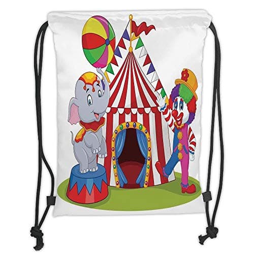 TRAzz Drawstring Backpacks Bags,Circus Decor,Circus Elephant and Clown Posing Festival Holiday Happiness Celebration, Soft Satin,5 Liter Capacity,Adjustable String Closure,The Stylish Ba