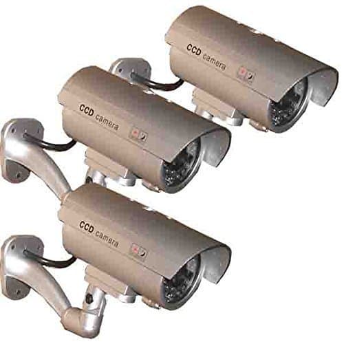 (3 Pack) Outdoor Fake, Dummy Security Surveillance Camera with Blinking, Flashing Light (Silver)