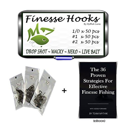 150 pcs/box - BLACK WIDE GAP FINESSE HOOKS -- SIZES #2, #1, 1/0 WITH STORAGE BOX For Drop Shot Wacky Neko Split Shot Fishing -- 2x Strong -- For Bass Trout Pike Walleye or Crappie By Mythik Lures